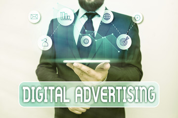 Writing note showing Digital Advertising. Business concept for Online Marketing Deliver Promotional...