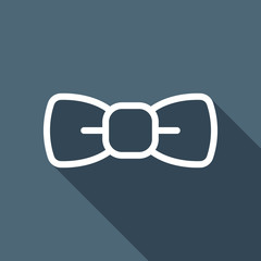 Bow tie, festive linear logo. White flat icon with long shadow on blue background