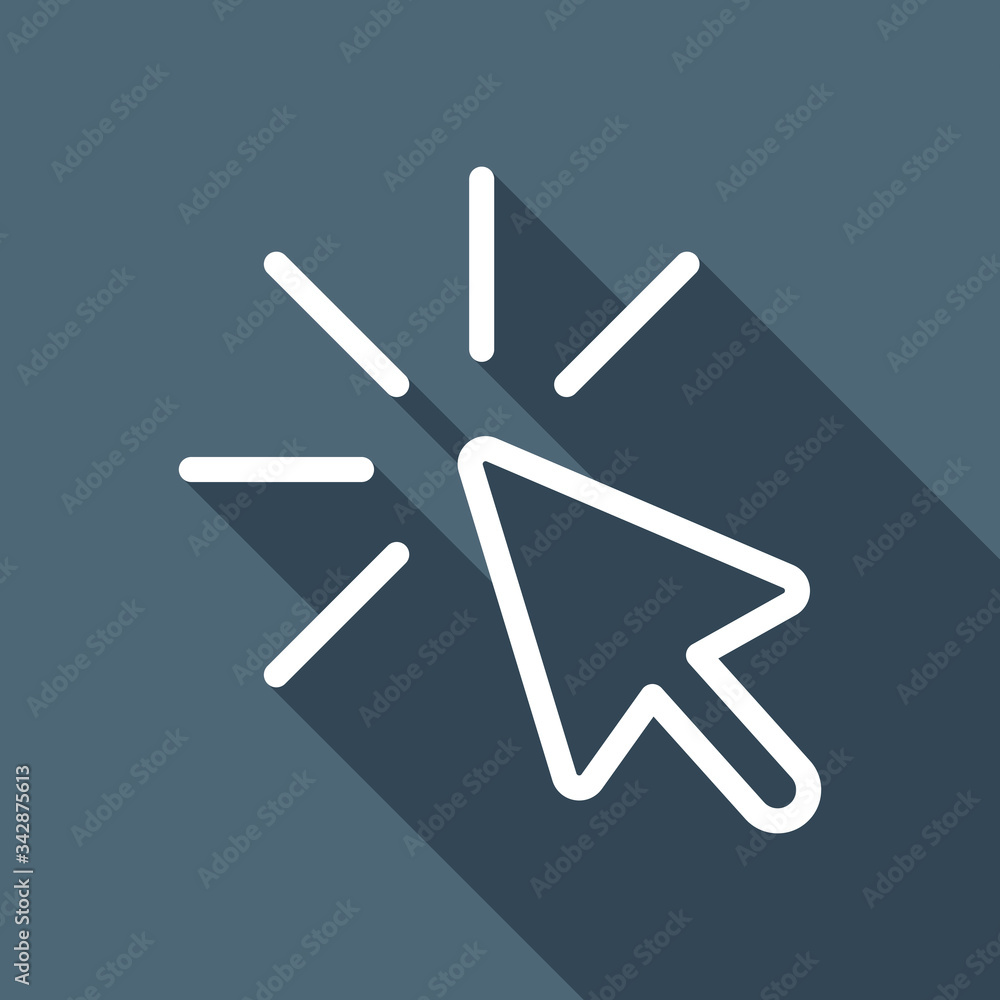 Poster computer pointer, cursor or mouse arrow, click, outline design. white flat icon with long shadow on 