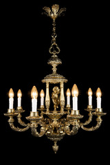 vintage chandelier on black background, bronze antique chandelier with burning light bulbs, gold chandelier with light bulbs included, vintage chandelier with figurine and candle shaped cartridges