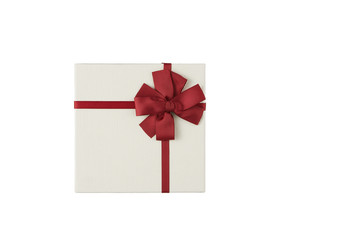 White gift box with red ribbon and bow on white background and space for text.