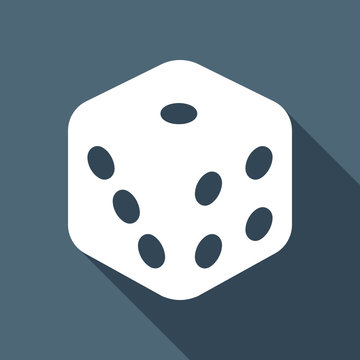 recommend clip art: Dice cube, casino game. White flat icon with long shadow on blue background