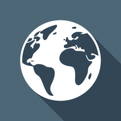 Earth planet, global map. White flat icon with long shadow on blue background