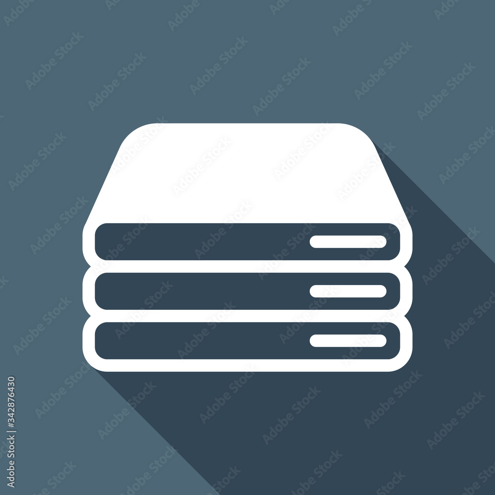 Poster database server, backup data, computer network, cloud hardware. white flat icon with long shadow on 
