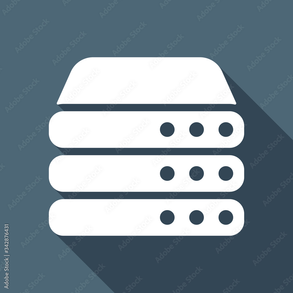 Poster database server, backup data, computer network, cloud hardware. white flat icon with long shadow on 
