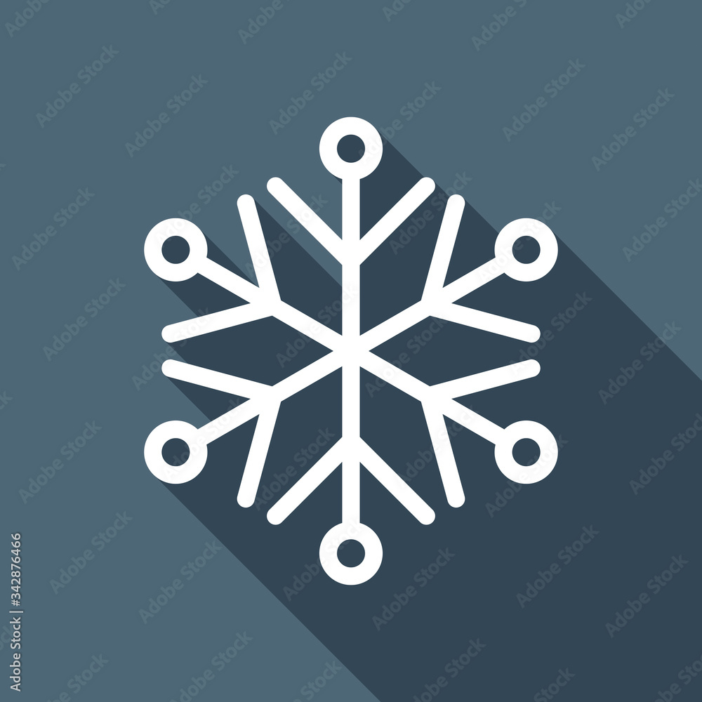 Poster simpe shape of snowflake, outline design. white flat icon with long shadow on blue background