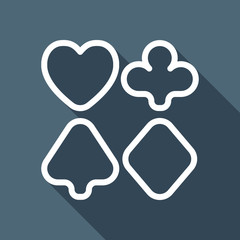 Playing card suits, poker club, outline design. White flat icon with long shadow on blue background