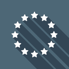 Stars circle, european union. White flat icon with long shadow on blue background