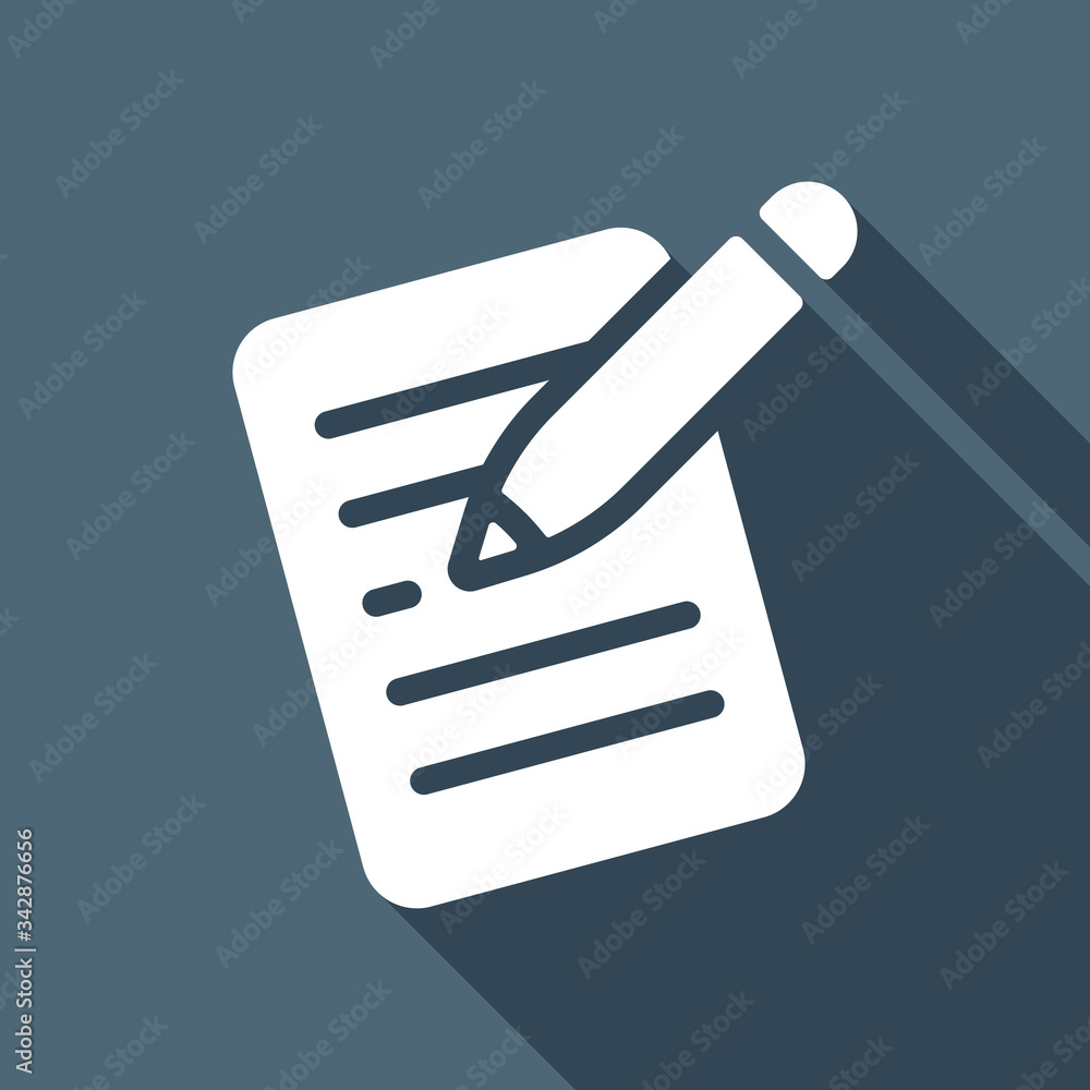 Poster write text, create or edit document, pencil and paper. white flat icon with long shadow on blue back