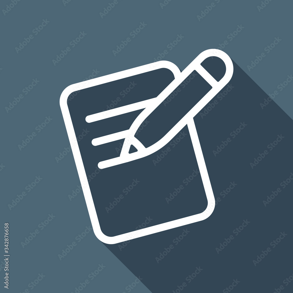 Poster write text, create or edit document, pencil and paper, outline design. white flat icon with long sha
