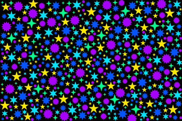 many colorful stars of different shapes on black background