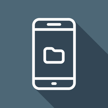 Mobile phone and folred, file explorer, outline design. White flat icon with long shadow on blue background