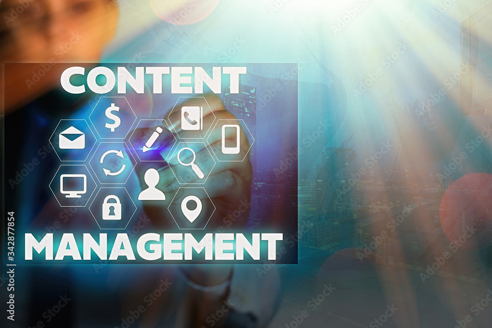 Aufkleber writing note showing content management. business concept for process that collects manage and publi