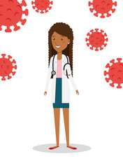 doctor female afro with stethoscope and particles covid 19 vector illustration design