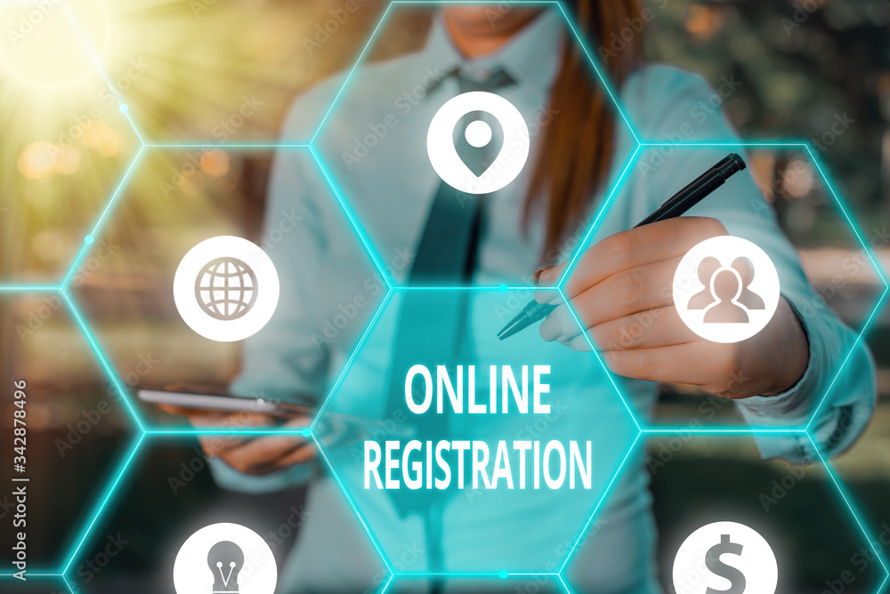 Poster writing note showing online registration. business concept for process to subscribe to join an event