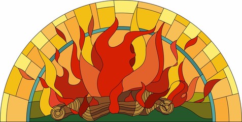 the stained glass window with fire
