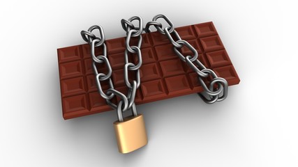 Diet concept. Chocolate bar and chain with locker. Isolated on white. 3D-rendering.