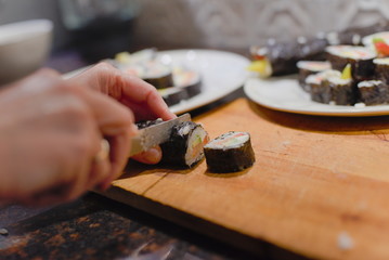 Homemade sushi preparation.