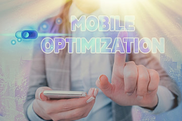 Word writing text Mobile Optimization. Business photo showcasing Site Content Reformatted for Handheld or Tablet Devices © A
