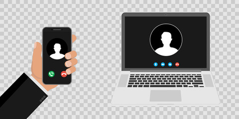 Incoming call to the screen of a laptop and smartphone, a person’s profile picture and buttons for accepting rejection. Vector illustration