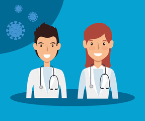 couple doctors with particles of covid 19 vector illustration design