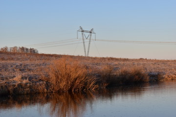 High-voltage power lines landscape in the Urals