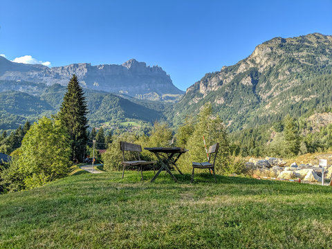 Outdoor picnic bench at Notre Dam Lu Lac, Servoz, Chamonix, France