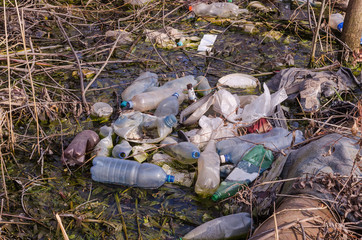 Pollution of a reservoir, lake, river. Plastic bottles and trash collected on the surface of the...