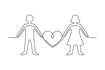 Continuous line drawing. People. Man and woman holding heart. Black isolated on white background. Hand drawn vector illustration. 