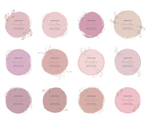 Set soft pastel pink round brush stroke watercolor texture with gold polygonal frames. Geometric shape with hand drawing watercolor washes
