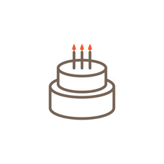 Birthday sweet cake icon with three candles, vector sign. Flat style pictogram isolated on white background. Cake logo design, template.