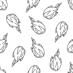 Seamless doodle dragon fruit pattern design on white background. Hand drawn dragon fruit pattern. Doodle pitaya pattern design