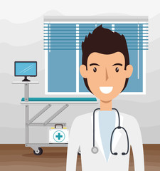 doctor male with stethoscope in consult room vector illustration design