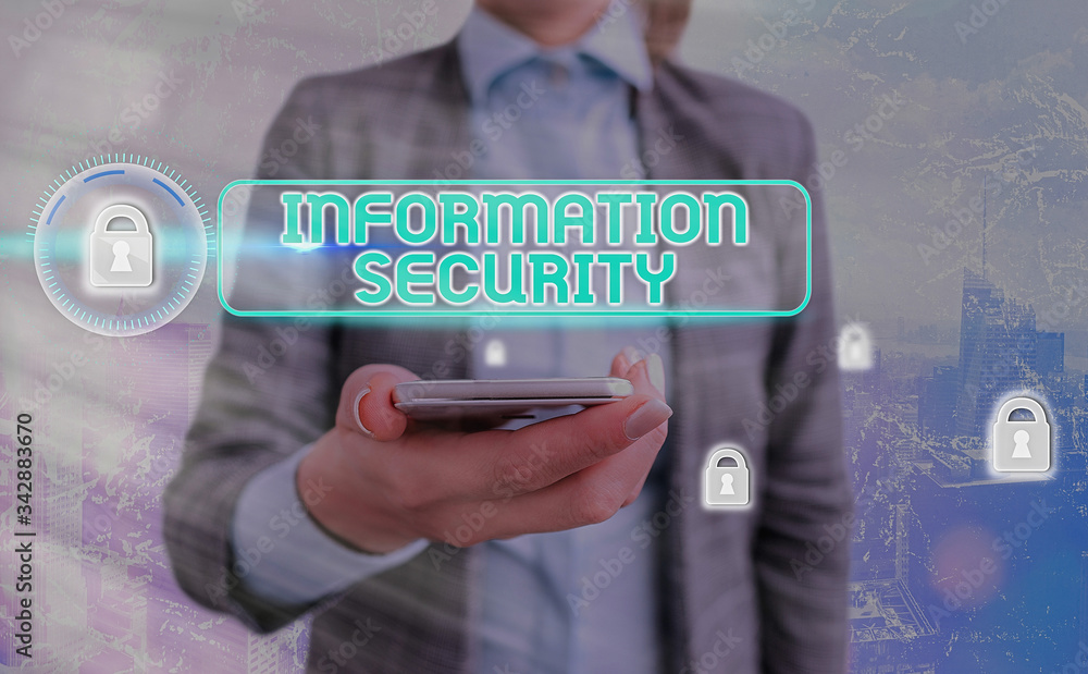 Poster text sign showing information security. business photo showcasing infosec preventing unauthorized ac