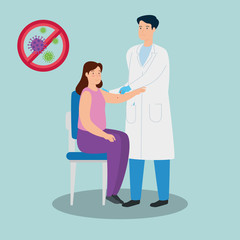 doctor vaccinating to woman with particles covid 19 in forbidden signal vector illustration design