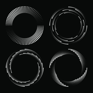 Set of white tiny squares in circle form. Geometric art. Trendy design element for logo, tattoo, sign, symbol, web pages, prints, posters, template, pattern and abstract background