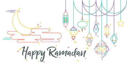 Outline illustration Ramadan Kareem Background with Lamps, Crescent and Stars - Vector. A Beautiful Arabic Greeting Card of Ramadan Mubarak with Colorful Hanging Fanoos and Islamic moon, a mosque dom.
