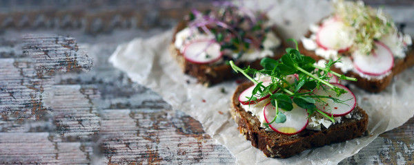 Selective focus. Healthy toasts with white cheese radish and microgreens. Keto diet. Keto toasts....