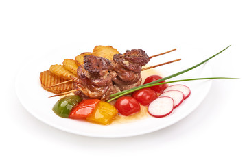 Roasted pork rolls, grilled meat skewers, BBQ, isolated on white background