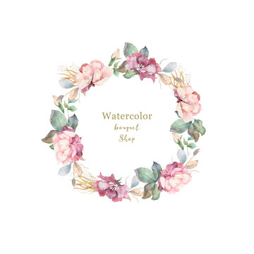 Watercolor illustration of a beautiful floral wreath with spring flowers. Hand drawn elegant light pink flowers on white background