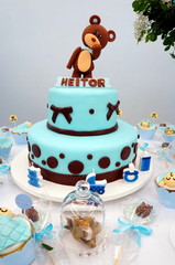 Teddy bear cake with sweets. Baby tea. It's a boy. Blue theme.