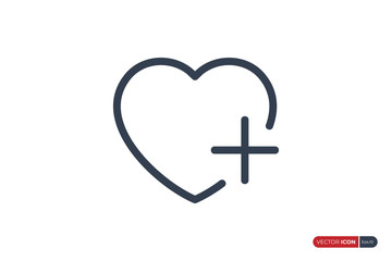 Fototapeta premium Heart Icon Linear Style, Love Symbol with Plus Cross Sign isolated on White Background. Usable for Healthcare and Medical Graphic Resources. Flat Vector Illustration.