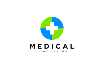 Medical Logo Healthcare Symbol. White Cross Sign Negative Space with Green Blue Circle Origami isolated on White Background. Flat Vector Logo Design Template Element.