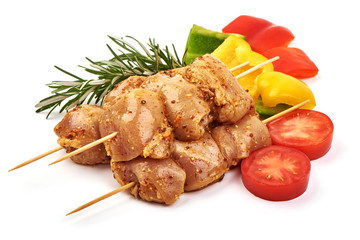 Raw chicken skewers, ready to cook, BBQ, isolated on white background