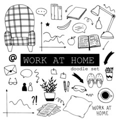 Cute vector hand drawn doodle set about working at home during the coronavirus pandemic, freelancing, and self-isolation. Quarantine positive doodle icons, home elements, isolated on white background.