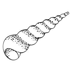 Screw sea shell turritella in a simple style, isolated vector on white background. Black outline and dots texture, stylized as a ink hand drawing. Can be used as icon or for natural design.