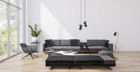 Large luxury modern minimal bright interiors room mockup illustration 3D rendering
