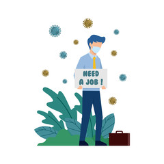 Obraz premium Unemployment, loss job from Coronavirus crisis COVID-19 outbreak lockdown causing company closed and business shut down, sad jobless businessman carrying sign written Need a Job with virus pathogen