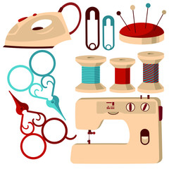 Sewing supplies set vector illustration. Composition consists of sewing-machine needle kit iron scissors spools of thread, iron and other tools flat style design. Needlework concept. Isolated.