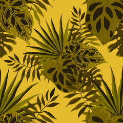 Fototapeta na wymiar Modern abstract seamless pattern with watercolor tropical leaves for textile design. Retro summer background. Jungle foliage illustration. Swimwear botanical design. Vintage exotic print. Vector.